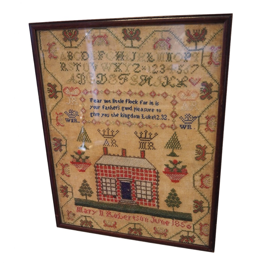 EARLY VICTORIAN SAMPLER WITH ROYAL MOTIFS