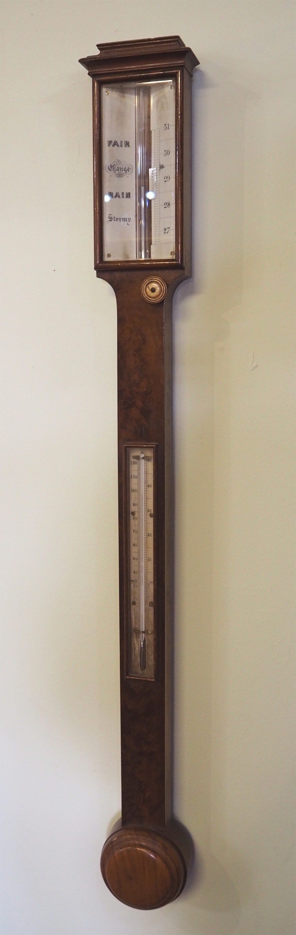 VICTORIAN BURR WALNUT STICK BAROMETER
