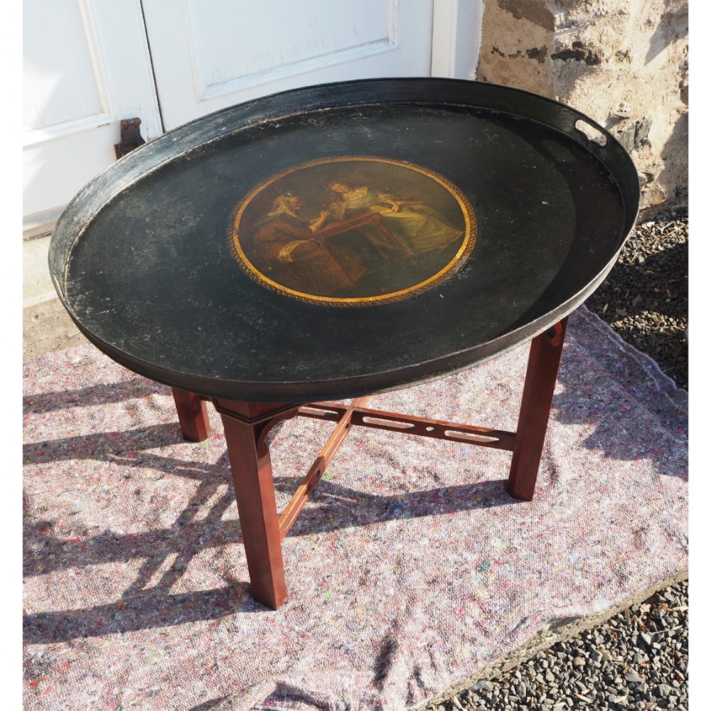 LARGE GEORGIAN TOLEWARE TRAY ON STAND
