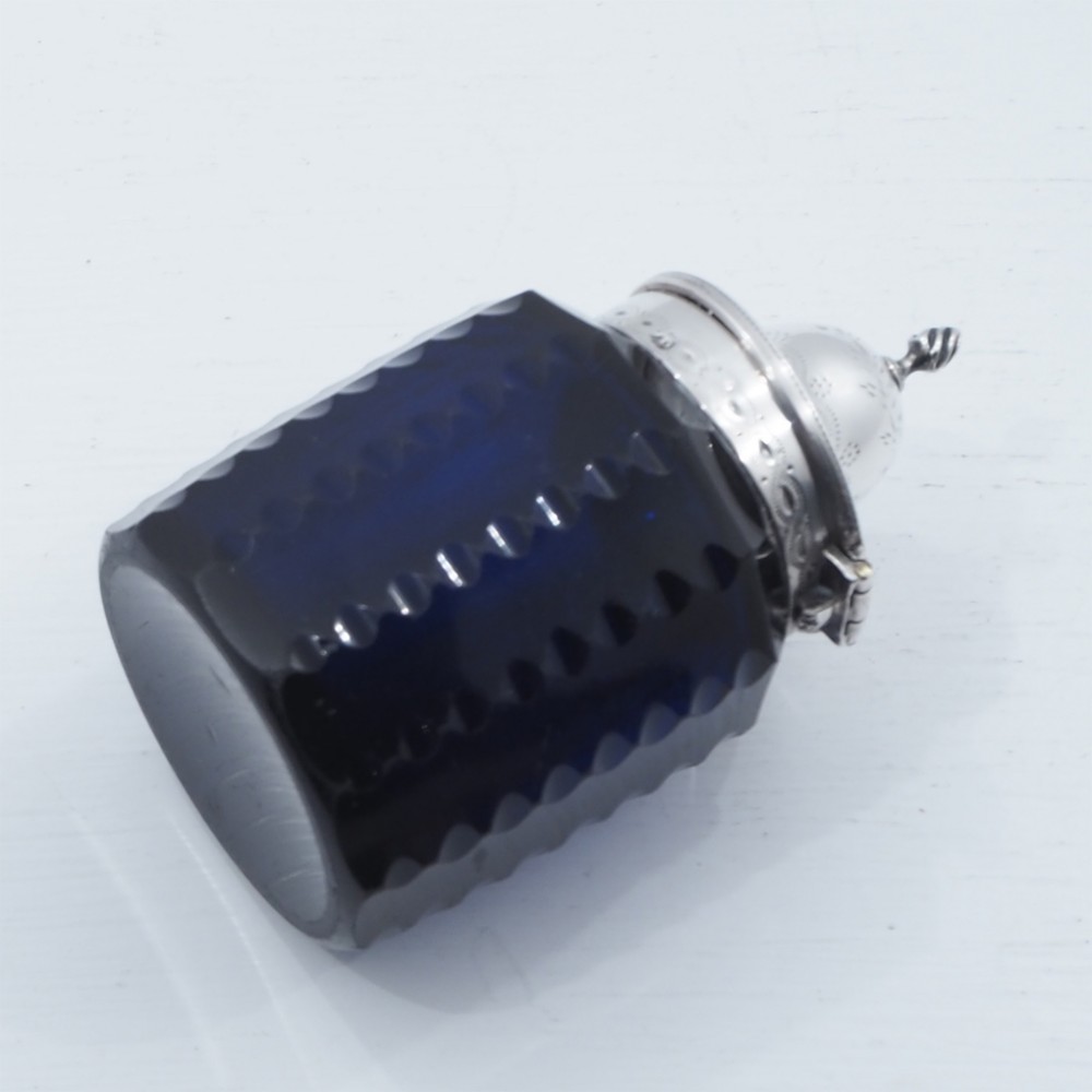 18th CENT. SILVER & BLUE GLASS MUSTARD POT