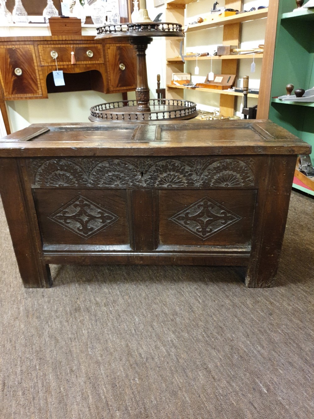BABY 17th CENTURY CARVED OAK COFFER View II