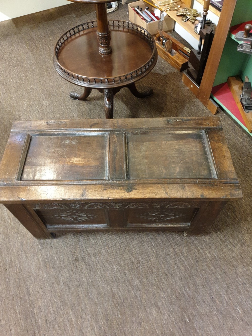 BABY 17th CENTURY CARVED OAK COFFER View III