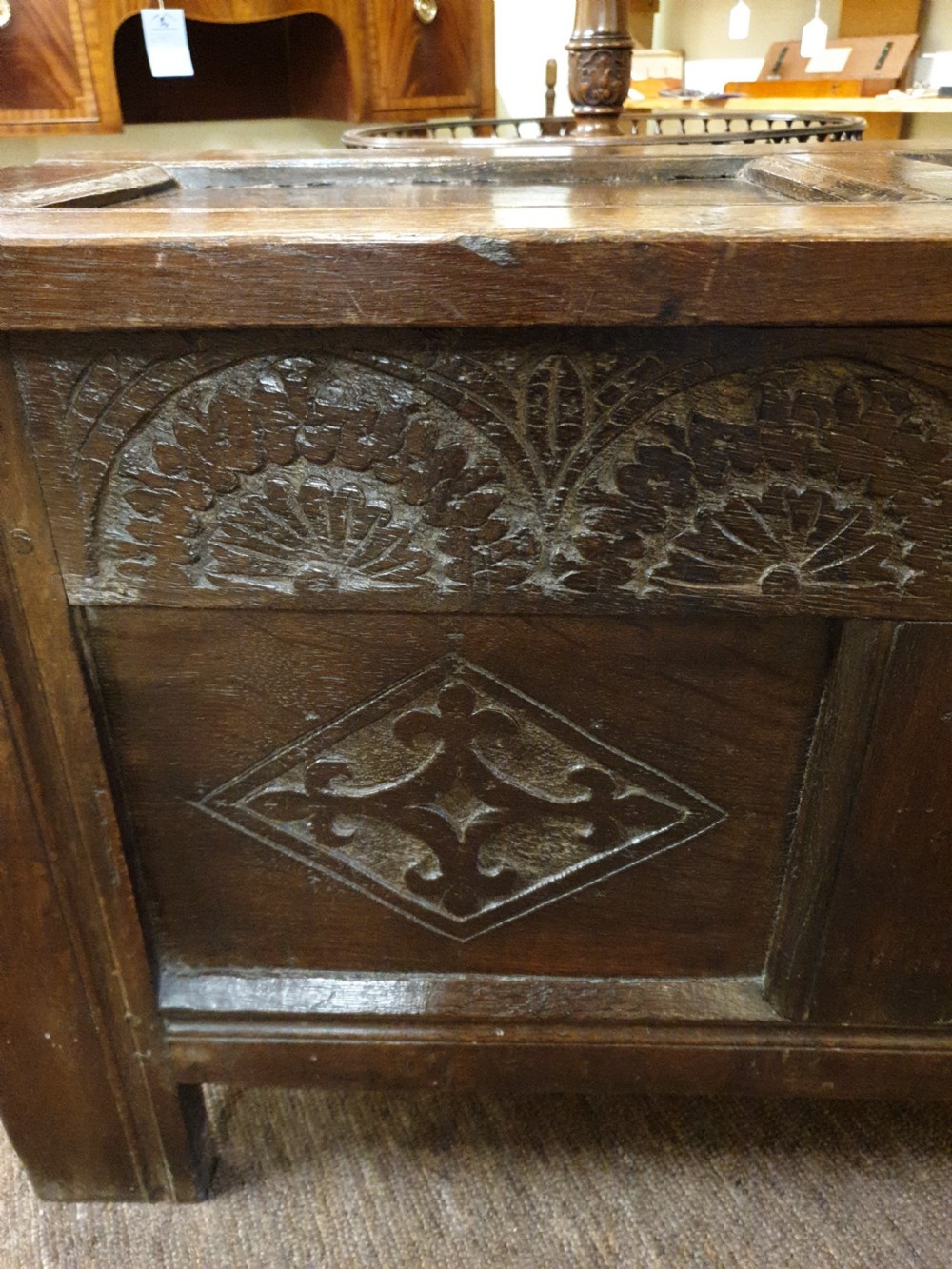 BABY 17th CENTURY CARVED OAK COFFER View V