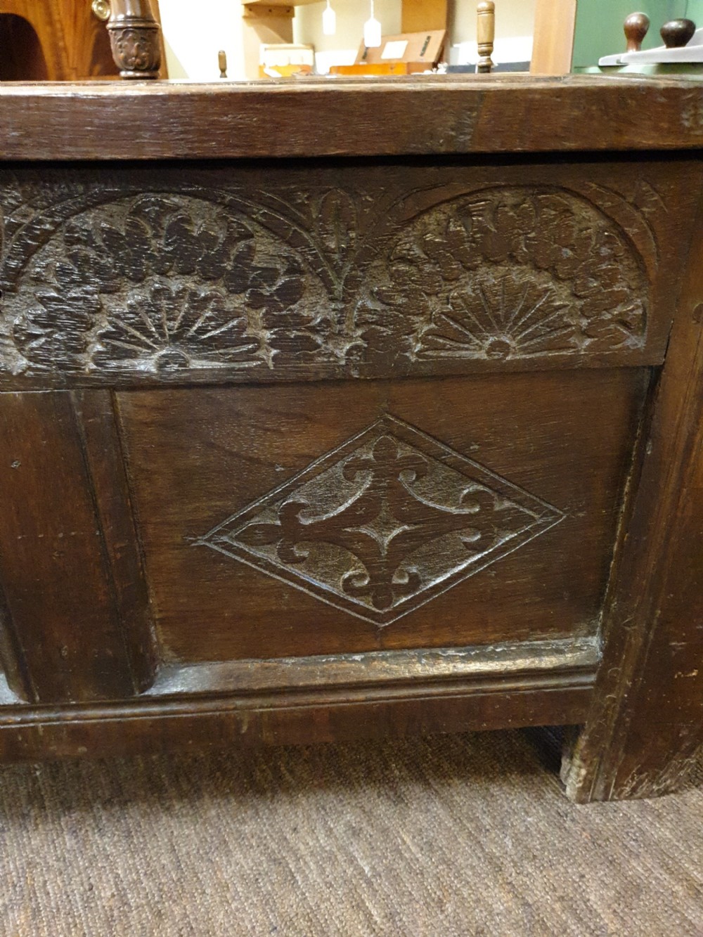 BABY 17th CENTURY CARVED OAK COFFER View VI