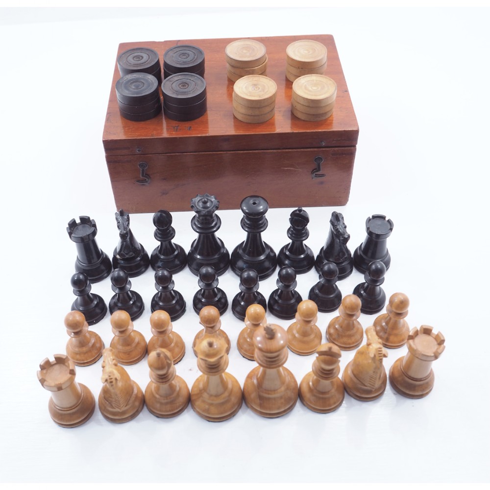 MAHOGANY BOXED CHESS AND DRAUGHTS SETS