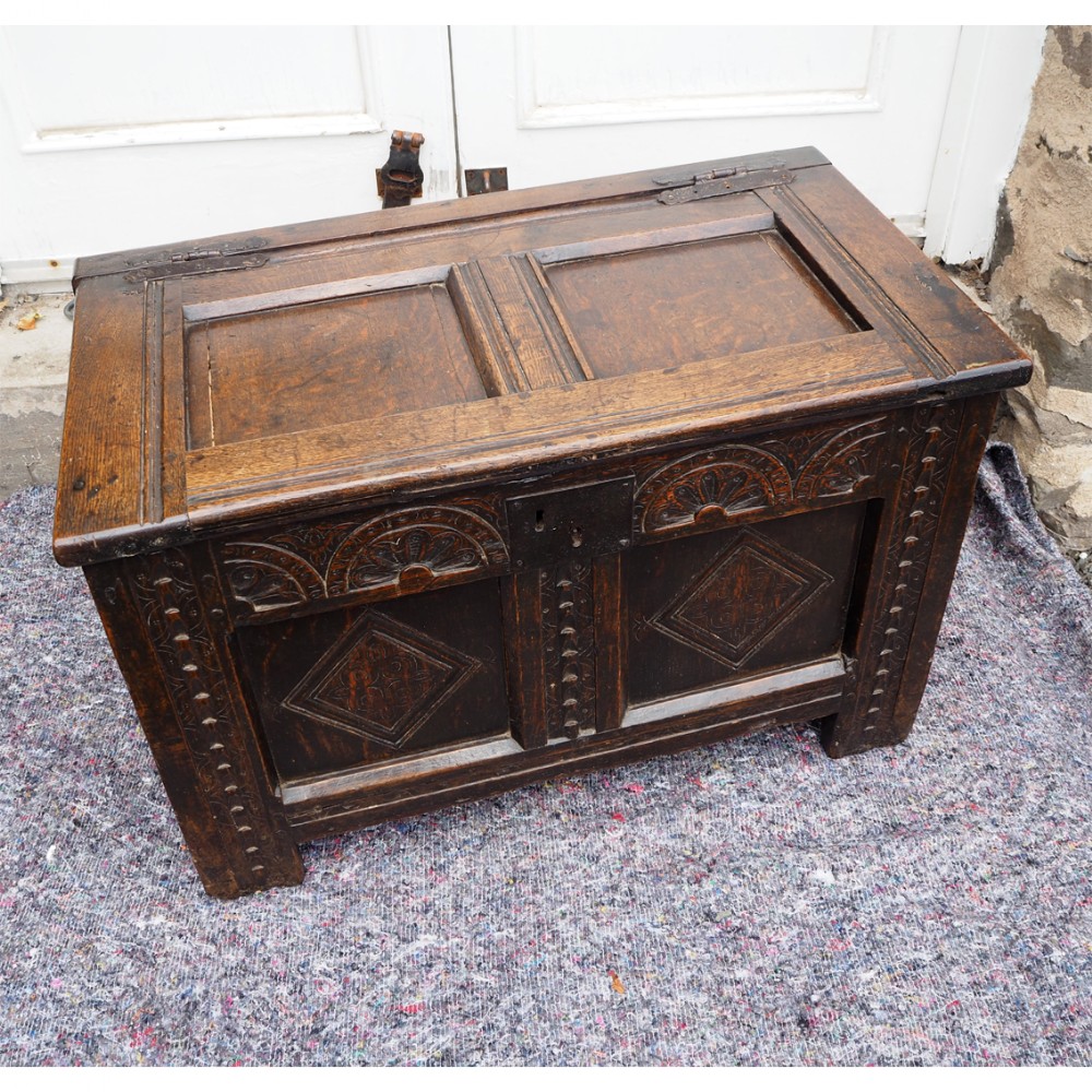 BABY SIZE 17th CENTURY CARVED OAK COFFER