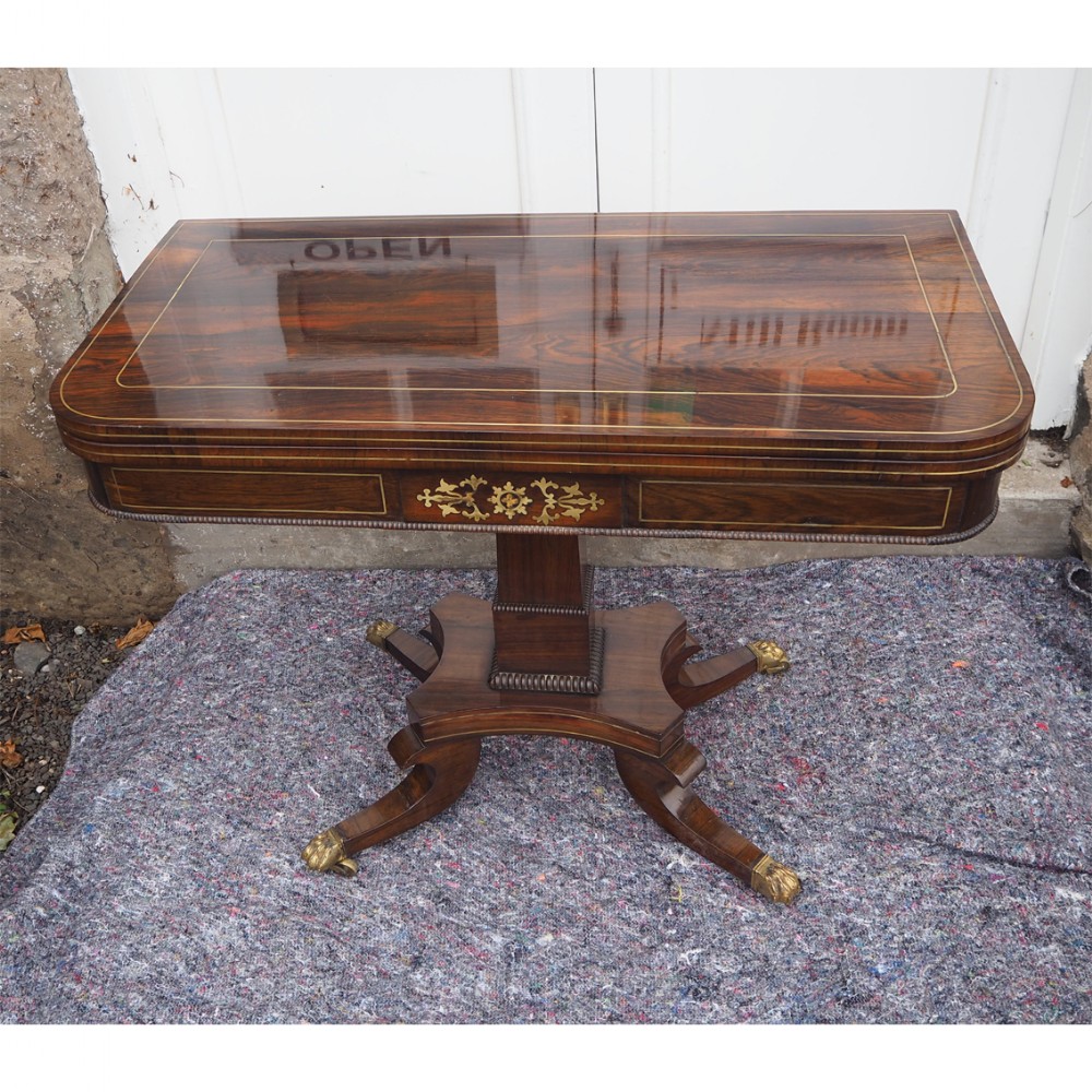 REGENCY BRASS INLAID ROSEWOOD CARD TBALE