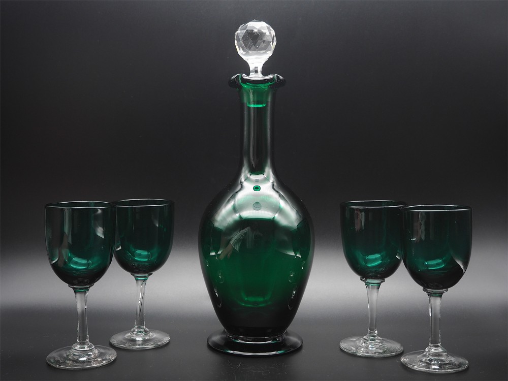 Victorian Green Decanter & Set Of 4 Glasses
