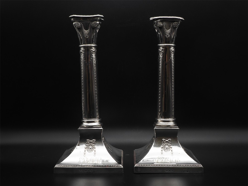 Fine Pair of Sterling Silver Adams Style Candlesticks