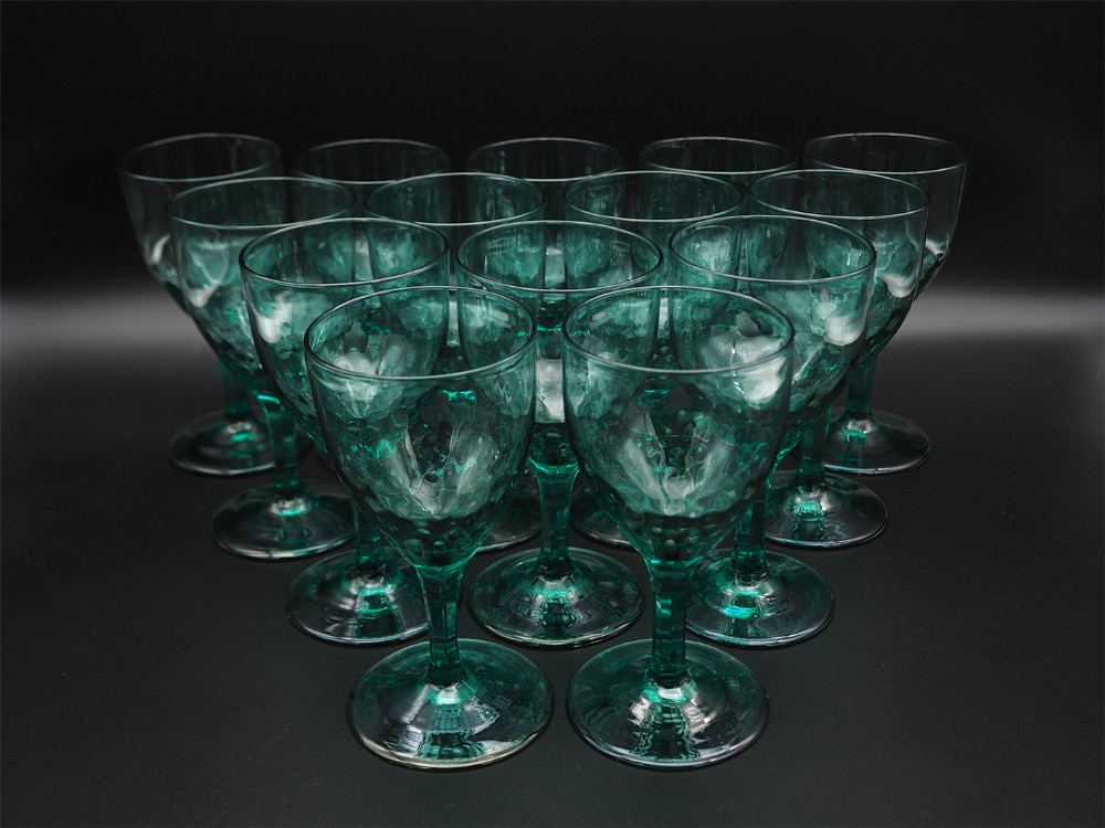 Rare Set of 14 Edwardian Green Wine Glasses