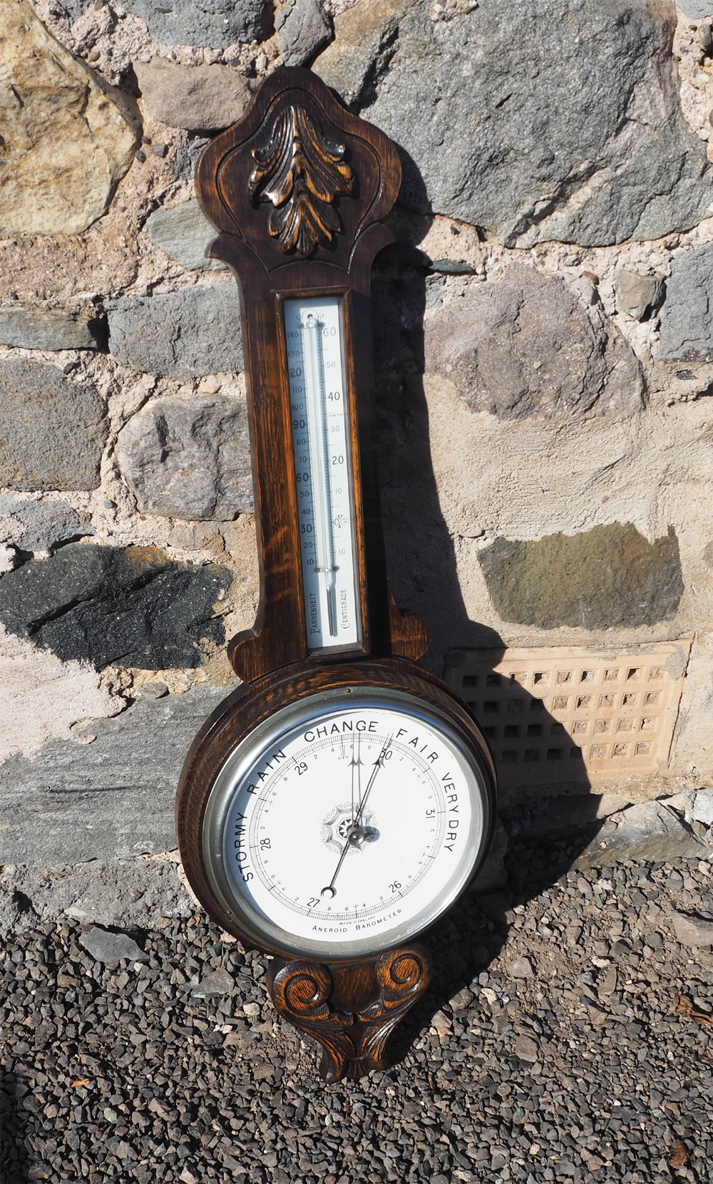 Victorian Carved Oak Aneroid Barometer 