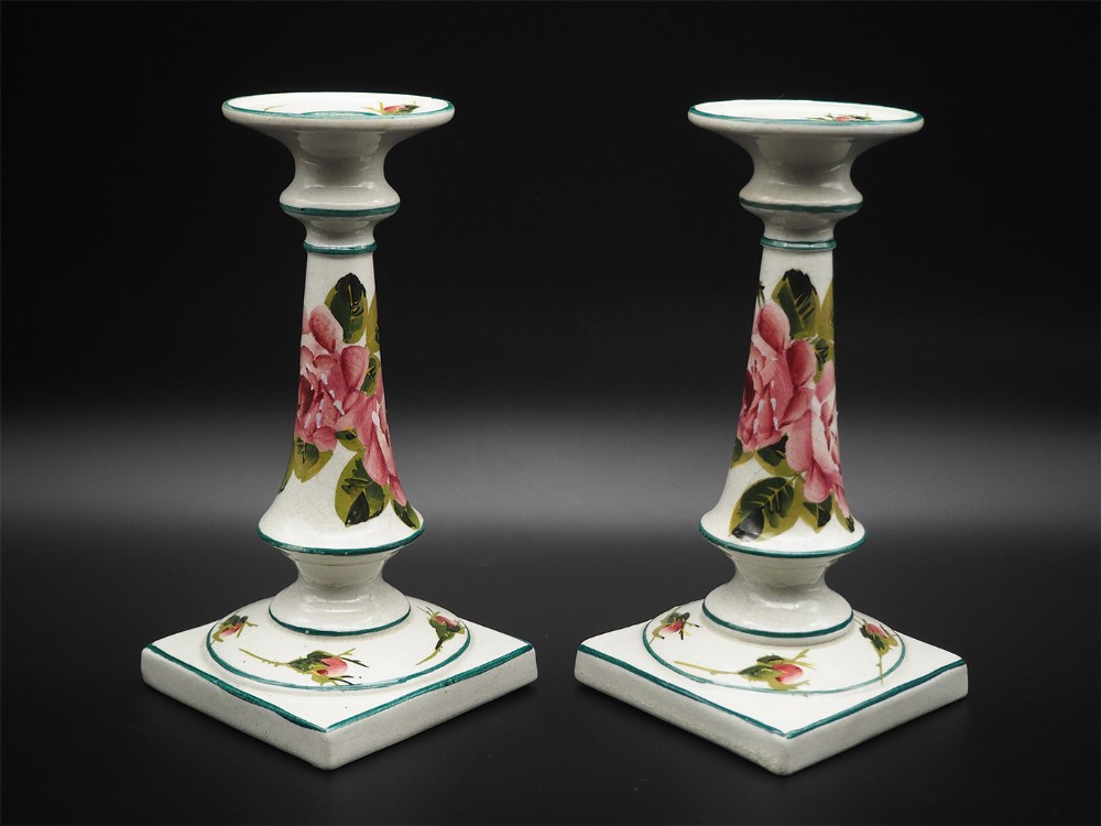 Fine Pair Scottish Wemyss Roses Candlesticks