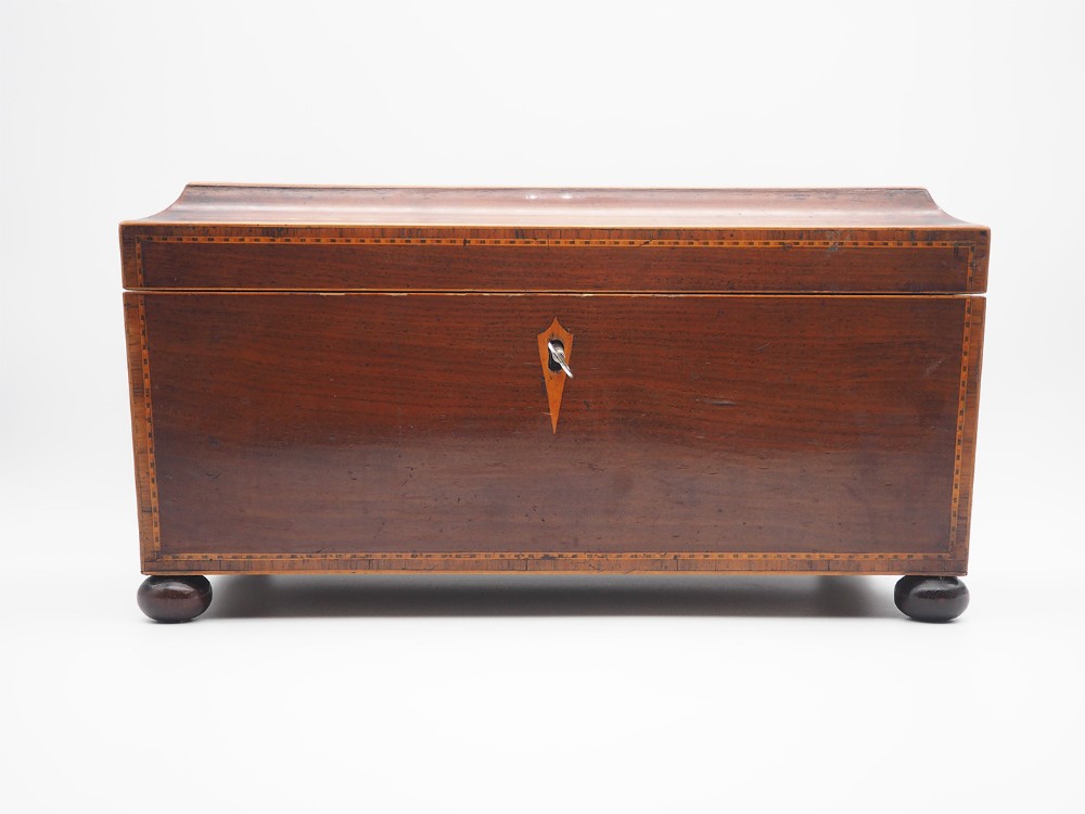George 3rd Mahogany & Inlaid Tea Caddy, Complete. 