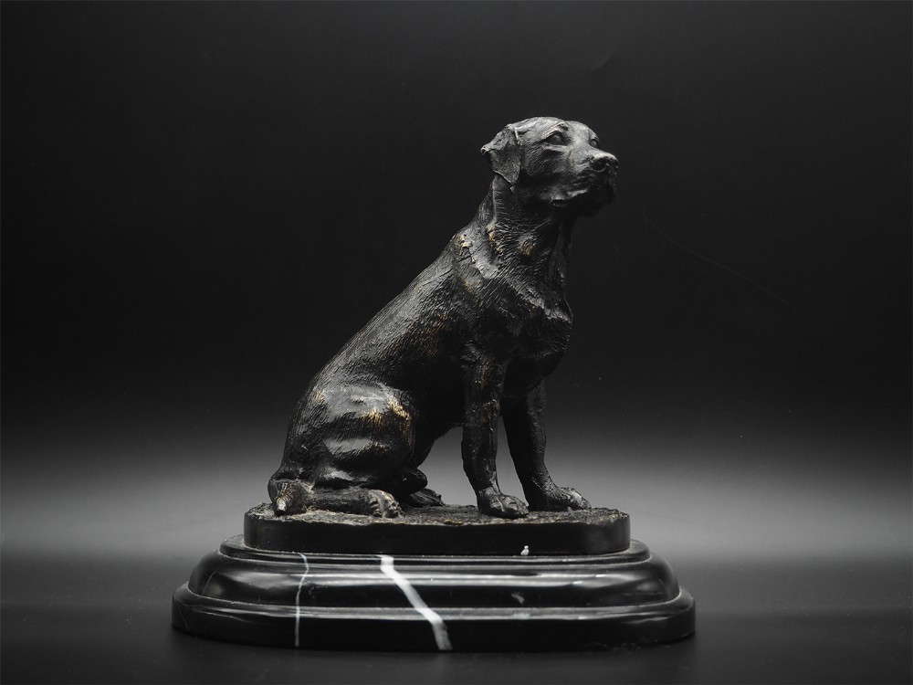 Bronze Dog Sculpture on Marble Base. Signed