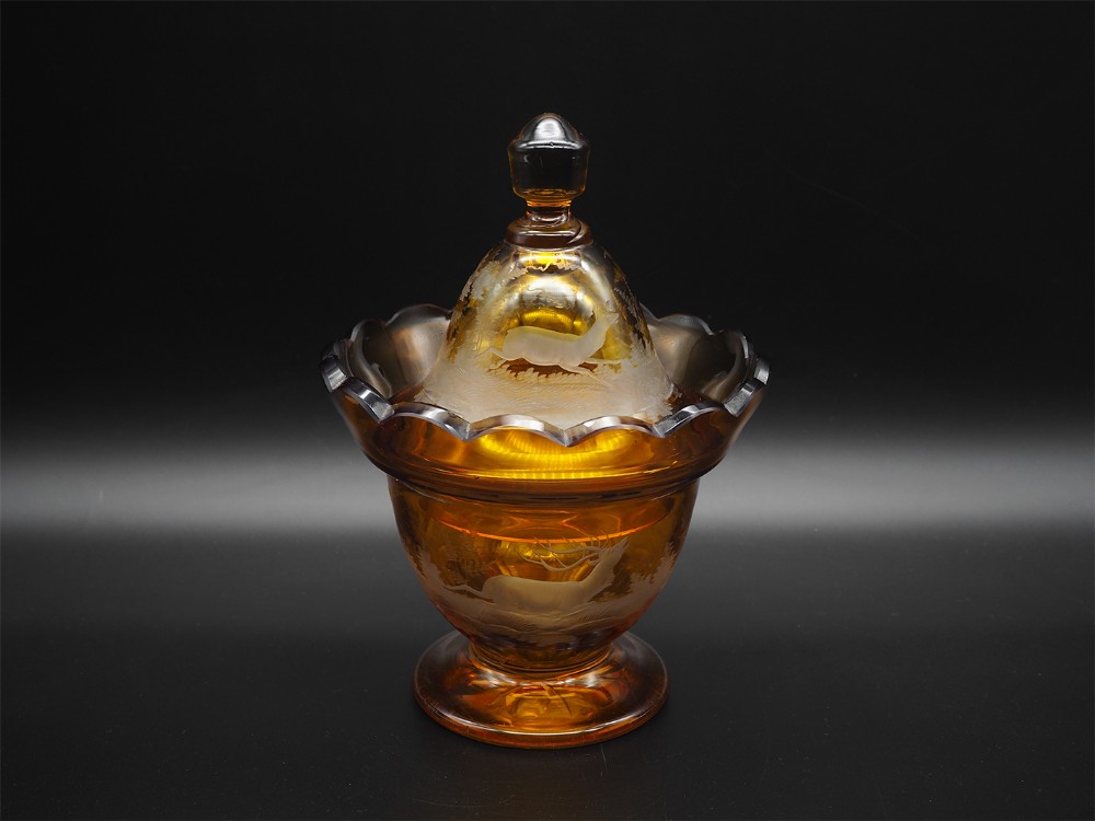 Victorian Engraved Amber Glass Dish & Lid