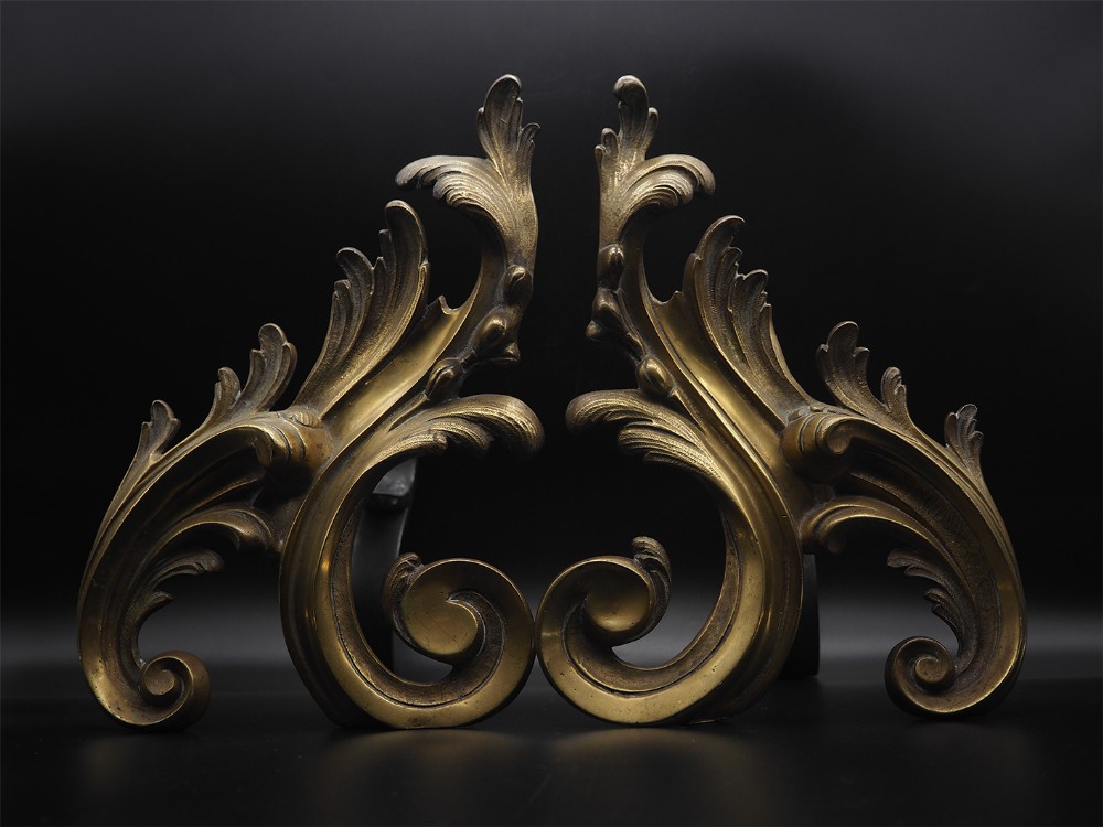 Fine Pair of Rococo Design Brass Fire Dogs