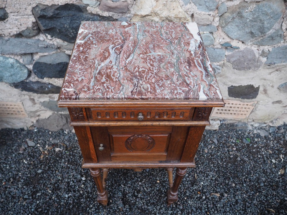 French Marble Top Oak Bedside Cabinet