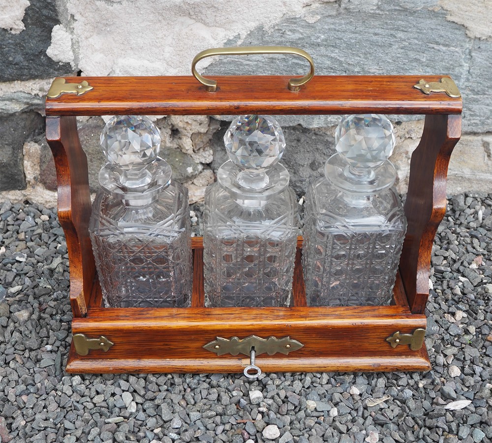 Edwardian Oak 3 Decanter Tantalus