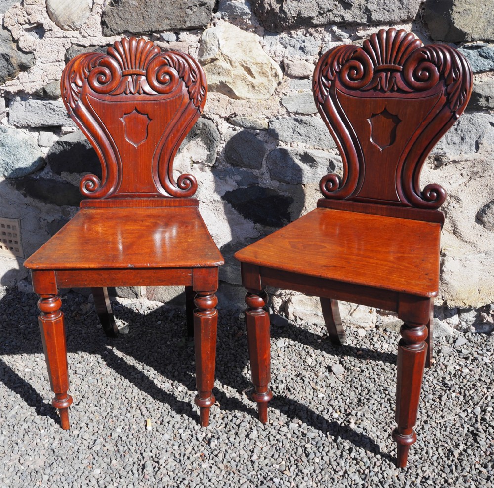 A pair of antique carved mahogany hall chairs featuring shell crestings, central shield details, solid timber seats, and turned front legs.