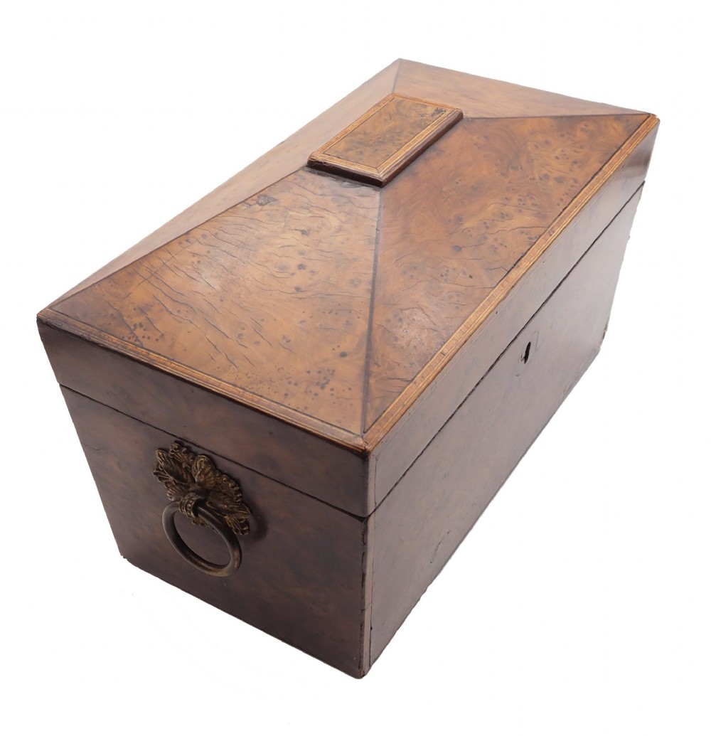 A Regency period sarcophagus-shaped tea caddy crafted from figured burr yew wood with fine string inlay. View III