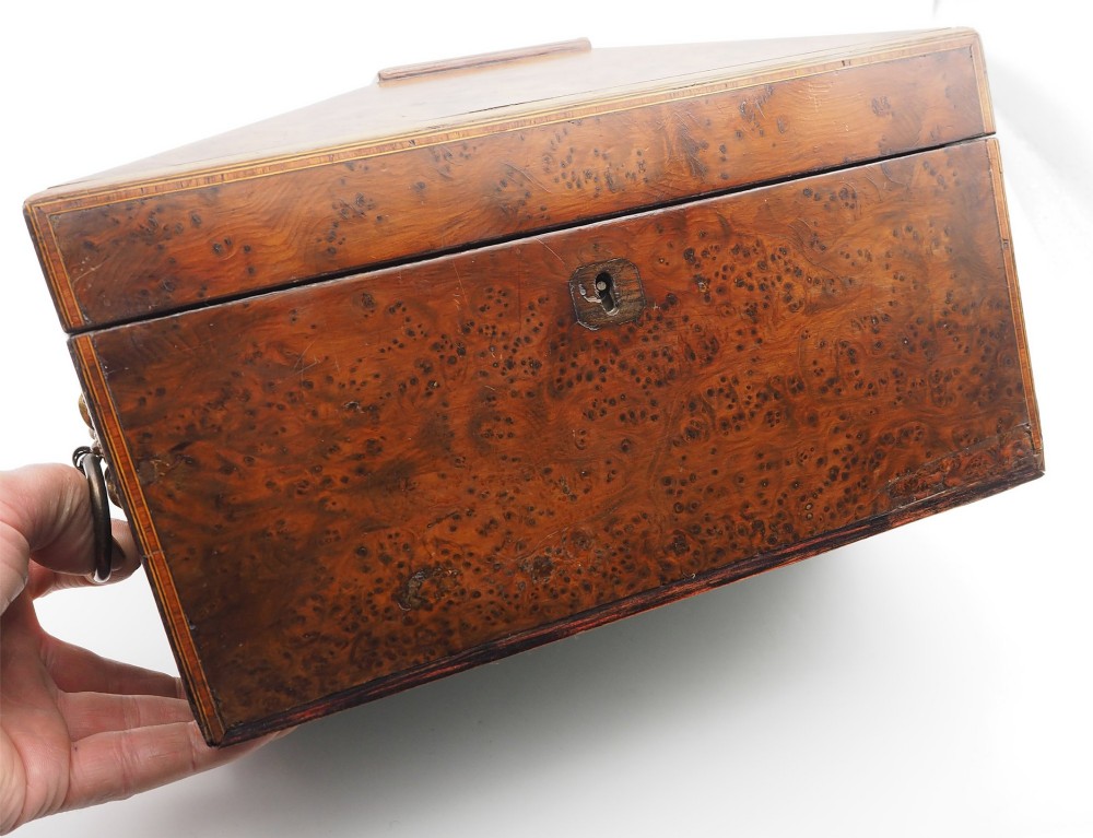 A Regency period sarcophagus-shaped tea caddy crafted from figured burr yew wood with fine string inlay. View IV