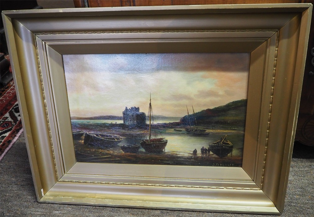A framed 19th-century Victorian oil painting on canvas depicting a Scottish coastal scene with beached fishing boats, figures, and a castle ruin set within a gilt moulded frame.