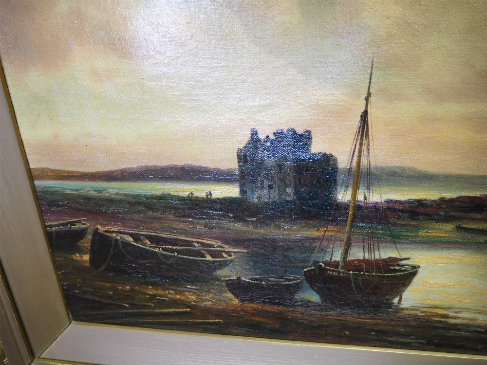 A framed 19th-century Victorian oil painting on canvas depicting a Scottish coastal scene with beached fishing boats, figures, and a castle ruin set within a gilt moulded frame. View III