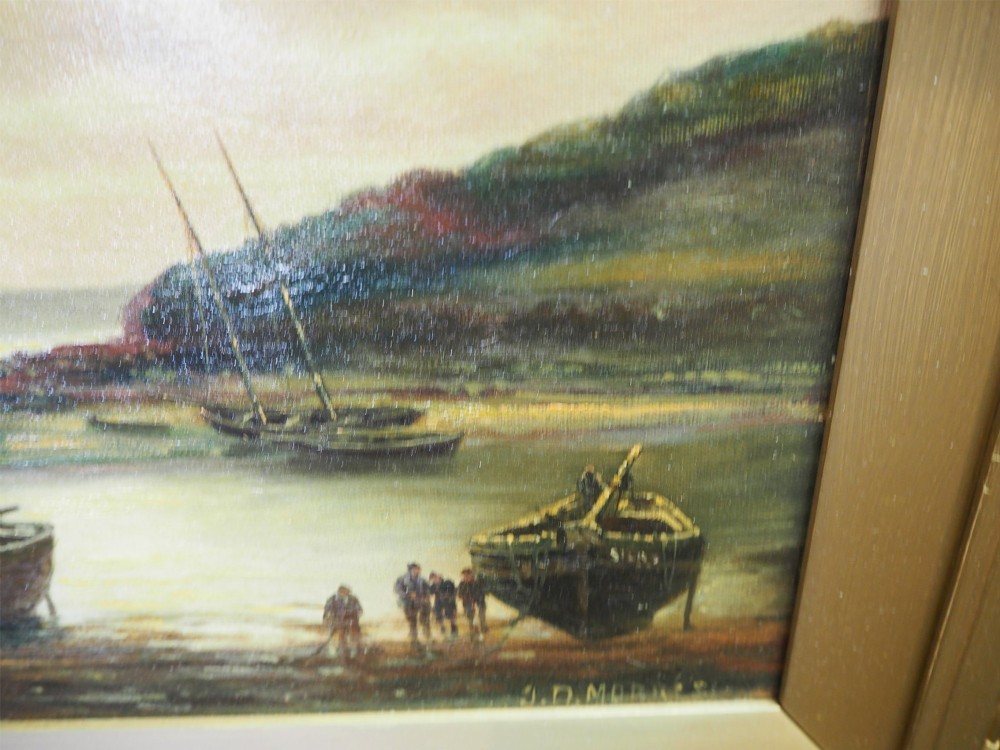 A framed 19th-century Victorian oil painting on canvas depicting a Scottish coastal scene with beached fishing boats, figures, and a castle ruin set within a gilt moulded frame. View IV
