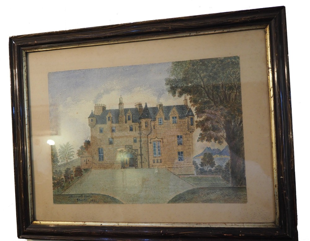 A framed 19th-century watercolour painting depicting Skelmorlie Castle against a backdrop of trees, water, and distant mountains, housed within a dark moulded frame.