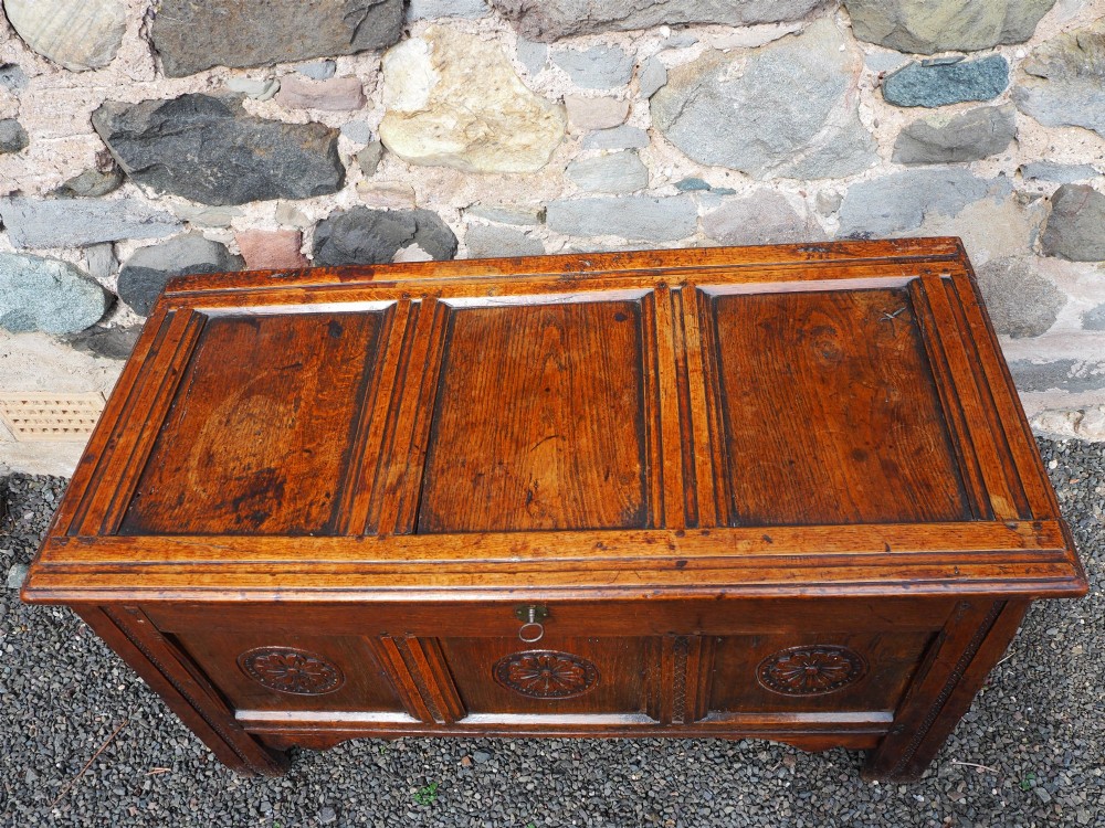 An early 18th-century oak coffer with a three-panel hinged top, carved rosette panels on the front, and a brass keyhole escutcheon. View V