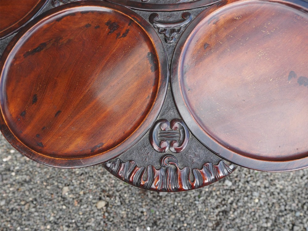 A Chippendale style dark mahogany tilt-top supper table featuring eight carved dished plate compartments around a central recess on a tripod cabriole base. View VI