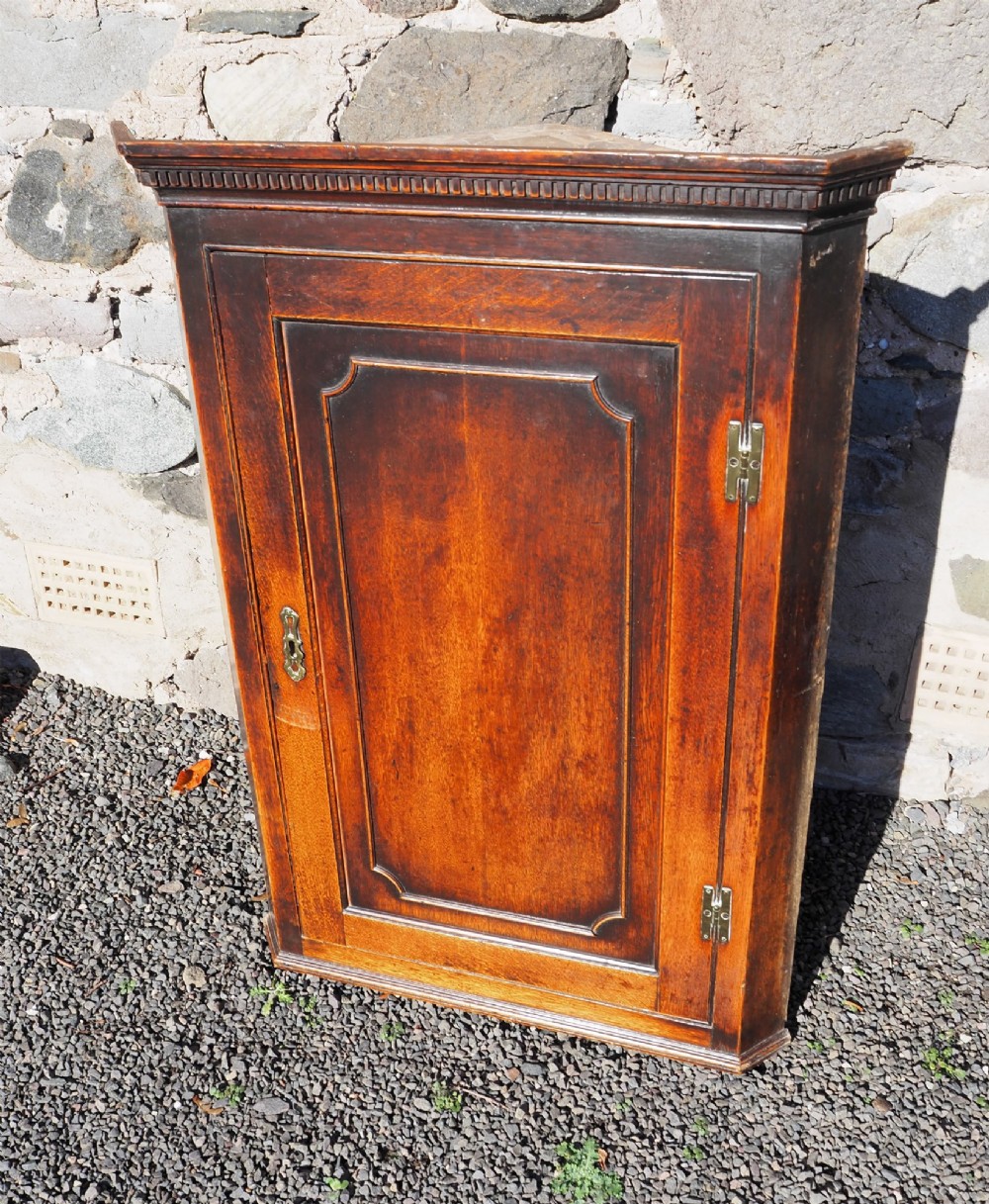 An 18th-century oak corner cabinet featuring a dentil moulded cornice, a single fielded panel door with a brass escutcheon, and brass H-hinges.