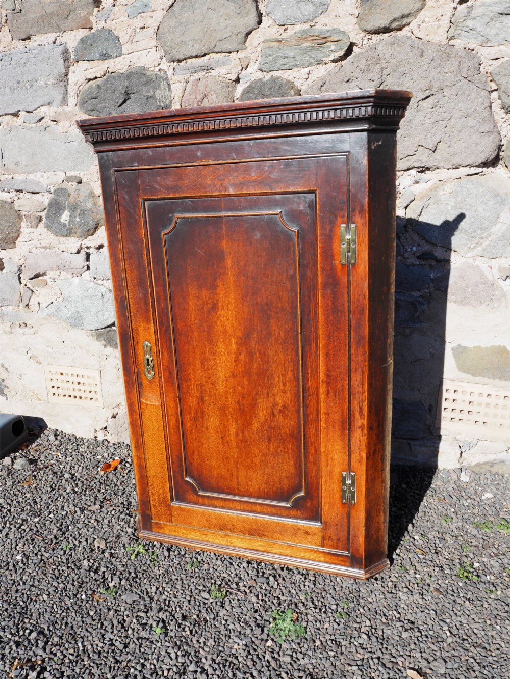 An 18th-century oak corner cabinet featuring a dentil moulded cornice, a single fielded panel door with a brass escutcheon, and brass H-hinges. View II