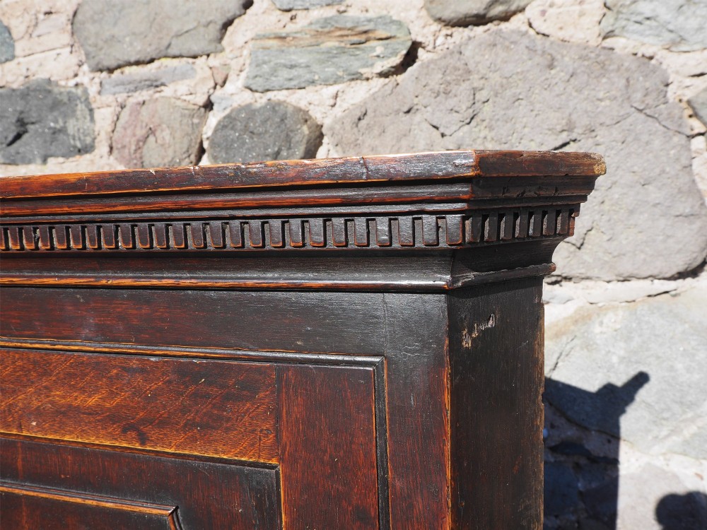 An 18th-century oak corner cabinet featuring a dentil moulded cornice, a single fielded panel door with a brass escutcheon, and brass H-hinges. View IV