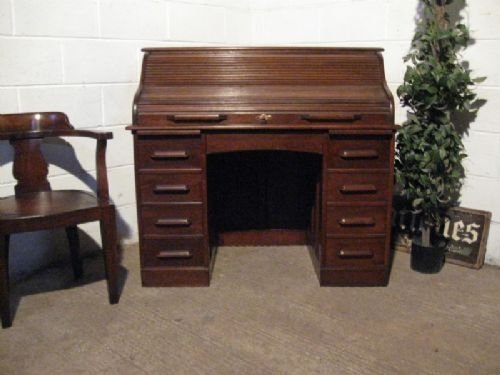 fig 1. QUALITY EDWARDIAN OAK TAMBOR ROLL TOP PEDASTAL DESK C1900 wdb3837a/19.9