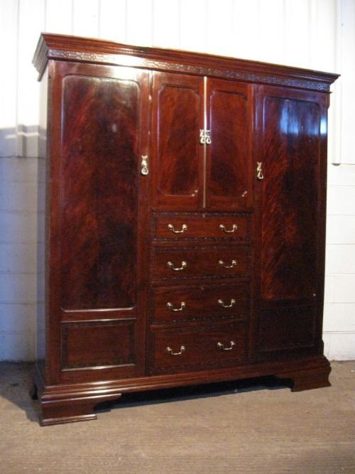Superb Antique Edwardian Flamed Mahogany Triple Wardrobe Compactum Armoire C1900