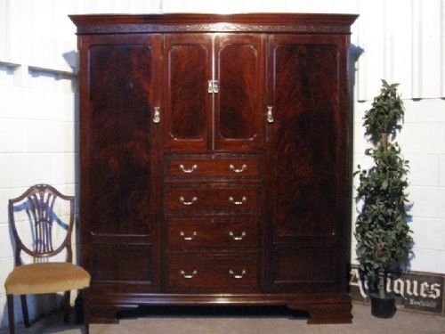 fig 1. SUPERB ANTIQUE EDWARDIAN FLAMED MAHOGANY TRIPLE WARDROBE COMPACTUM ARMOIRE C1900
