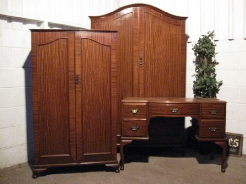 Antique Edwardian Mahogany Serpentine Wardrobe Tallboy & Dressing Table Bedroom Suite C1910