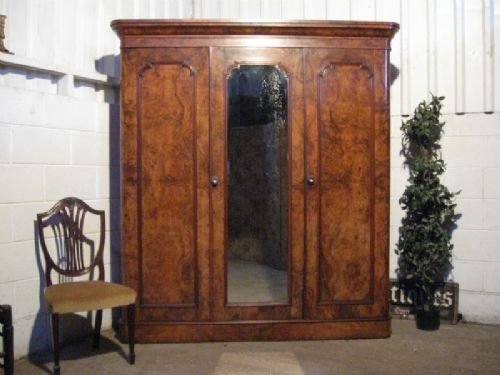 Antique Victorian Figured Walnut Triple Wardrobe Compactum Armoire C1870
