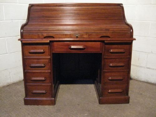 fig 1. SUPERB ANGUS OF LONDON ANTIQUE EDWARDIAN MAHOGANY ROLL TOP TAMBOR DESK C1900