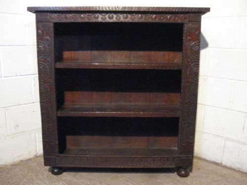 Antique Early Victorian Carved Oak Open Bookcase C1840
