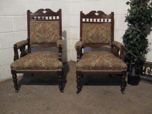 Lovely Pair Antique Walnut Art Nouveau Salon Chairs C1890
