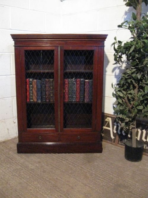 Lovely Antique Regency Mahogany Bookcase with Original Brass Grille Doors C1800