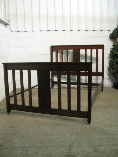 Antique Arts & Crafts Solid Oak Double Bedstead C1900