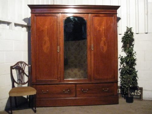 fig 1. ANTIQUE EDWARDIAN INLAID MAHOGANY TRIPLE WARDROBE ARMOIRE C1900