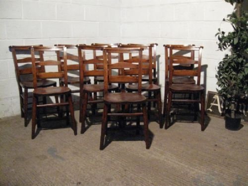Lovely Set of 10 Antique  Victorian Country Beech & Elm Chapel Chairs C1860 Wdb150/1.11