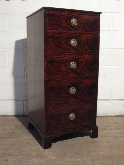 fig 1. ANTIQUE REGENCY FLAMED MAHOGANY NARROW TALL CHEST OF DRAWERS C1800 WDB130/25.11