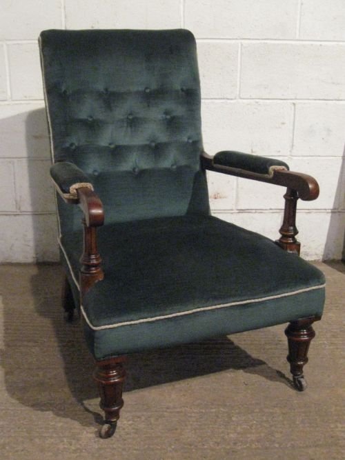 Antique Victorian Walnut & Velvet Library Armchair C1860 Wdb4578/11.3