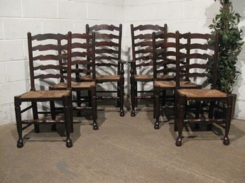 Set Six Antique Victorian Oak Ladder Back Dining Chairs with Two Elbow Chairs C1880 Wdb150/19.3