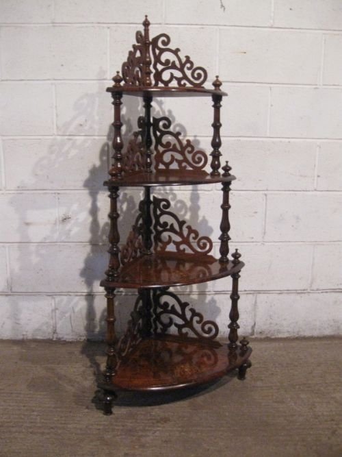 fig 1. STUNNING ANTIQUE VICTORIAN MAHOGANY & BURR WALNUT INLAID FOUR TIER WHATNOT C1860 WDB4645/13.4